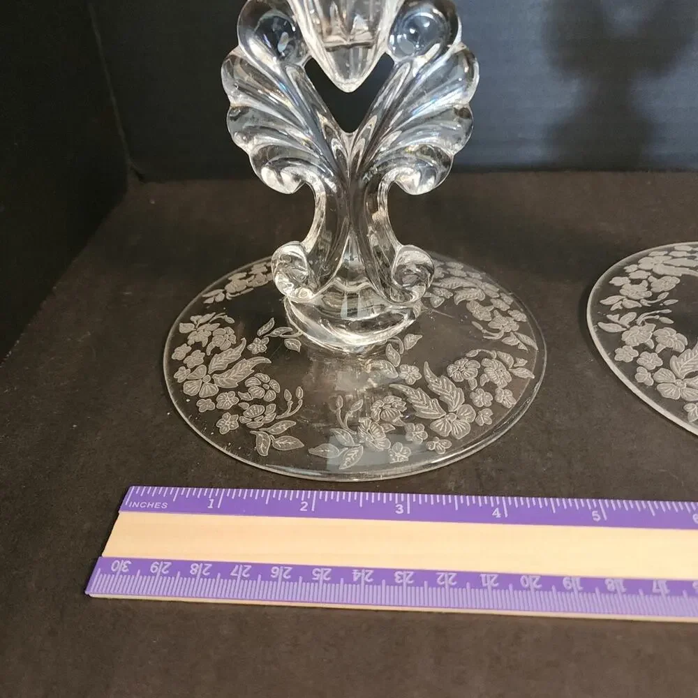 Florentine New Martinsville Pair Candlesticks Etched Elegant Depression Glass
